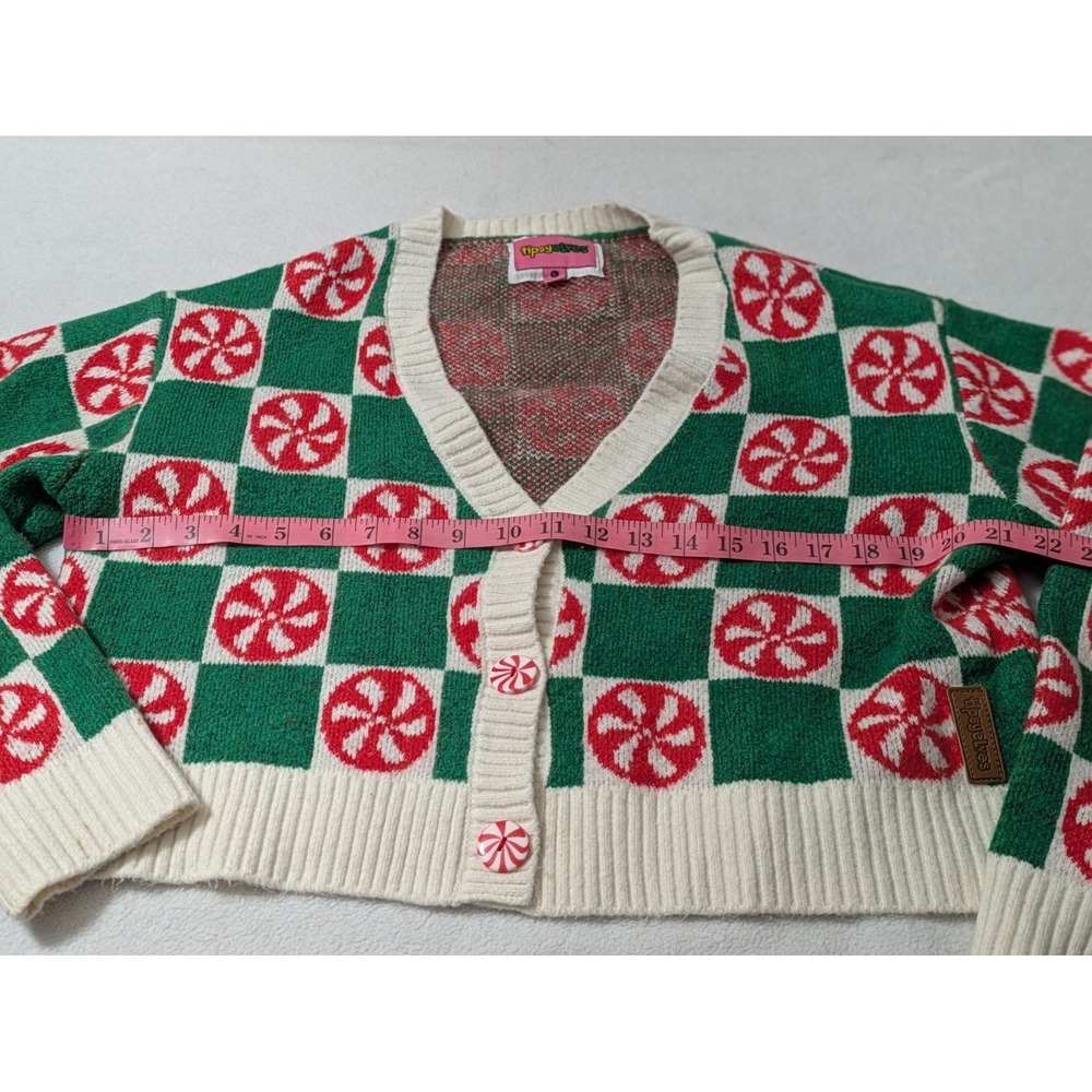TipsyElves Peppermint Cropped Cardigan Sweater Large Buttons Ugly Christmas - Picture 7 of 8